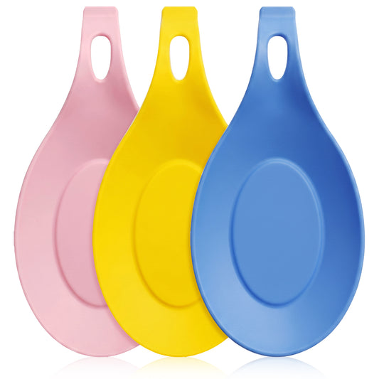 Classicseali 3pcs Spoon Holder, Silicone Spoon Rest, Heat-Resistant, Reusable Spoon Rest for Kitchens, Suitable for Wooden, Iron, Teaspoons, Kitchen Utensils, and Cutlery, Pink, Yellow, Blue