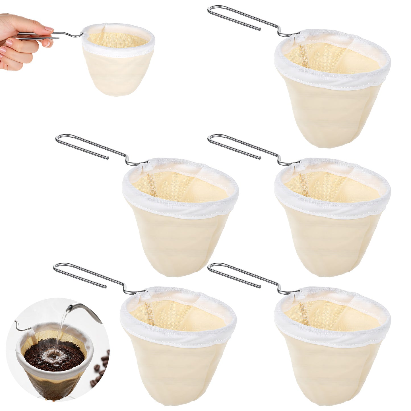 Elegaperma 5 Pcs Cloth Coffee Filters Reusable, Coffee Strainer Cloth with Stainless Steel Handle, Coffee Sock Filter for Straining Juice, NutMilk, Thai Tea, Yogurt and Soup