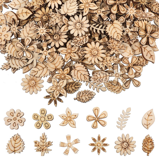Elegaperma 200 Pcs Unfinished Wood Flowers for Crafts, 0.79 x 0.79 Inch Wooden Cutouts with Leaf Pattern, Natural Wood Decorative Pieces for DIY Ornaments